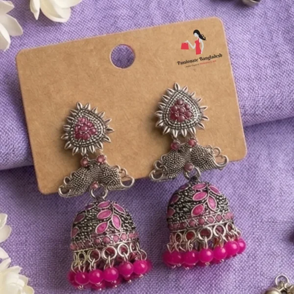 Traditional oxidized-style jhumka earrings with red, yellow and blue stones, perfect for saree, salwar and festive party looks from Passionate Bangladesh. Shop now at www.passionatebangladesh.com