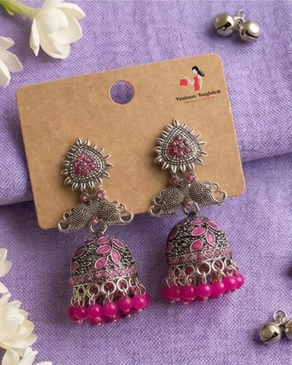 Traditional oxidized-style jhumka earrings with red, yellow and blue stones, perfect for saree, salwar and festive party looks from Passionate Bangladesh. Shop now at www.passionatebangladesh.com