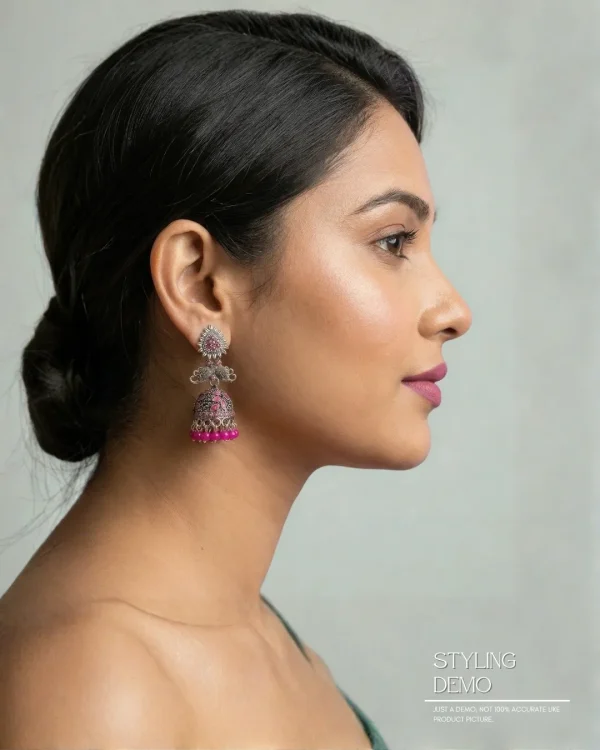 Traditional oxidized-style jhumka earrings with red, yellow and blue stones, perfect for saree, salwar and festive party looks from Passionate Bangladesh. Shop now at www.passionatebangladesh.com