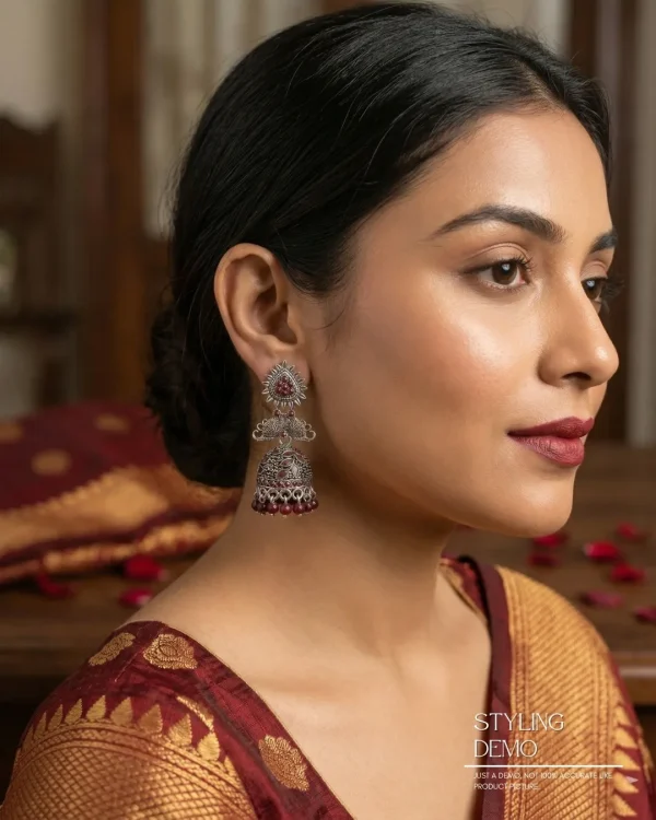 Traditional oxidized-style jhumka earrings with red, yellow and blue stones, perfect for saree, salwar and festive party looks from Passionate Bangladesh. Shop now at www.passionatebangladesh.com