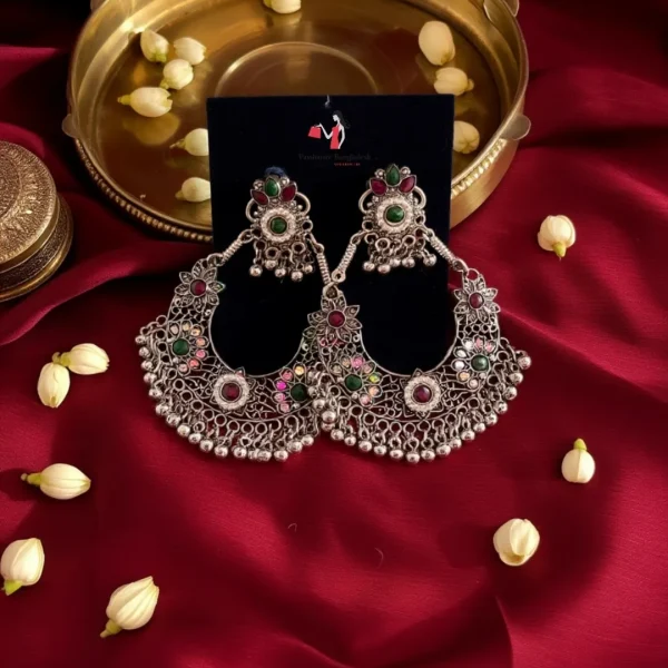 Traditional oxidized-style jhumka earrings with red, yellow and blue stones, perfect for saree, salwar and festive party looks from Passionate Bangladesh. Shop now at www.passionatebangladesh.com