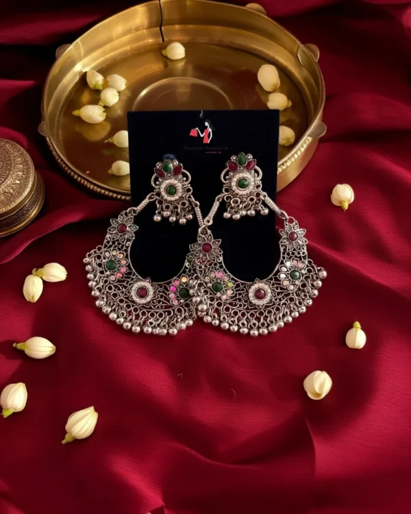 Traditional oxidized-style jhumka earrings with red, yellow and blue stones, perfect for saree, salwar and festive party looks from Passionate Bangladesh. Shop now at www.passionatebangladesh.com