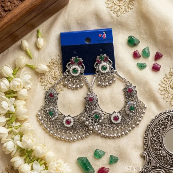 Traditional oxidized-style jhumka earrings with red, yellow and blue stones, perfect for saree, salwar and festive party looks from Passionate Bangladesh. Shop now at www.passionatebangladesh.com