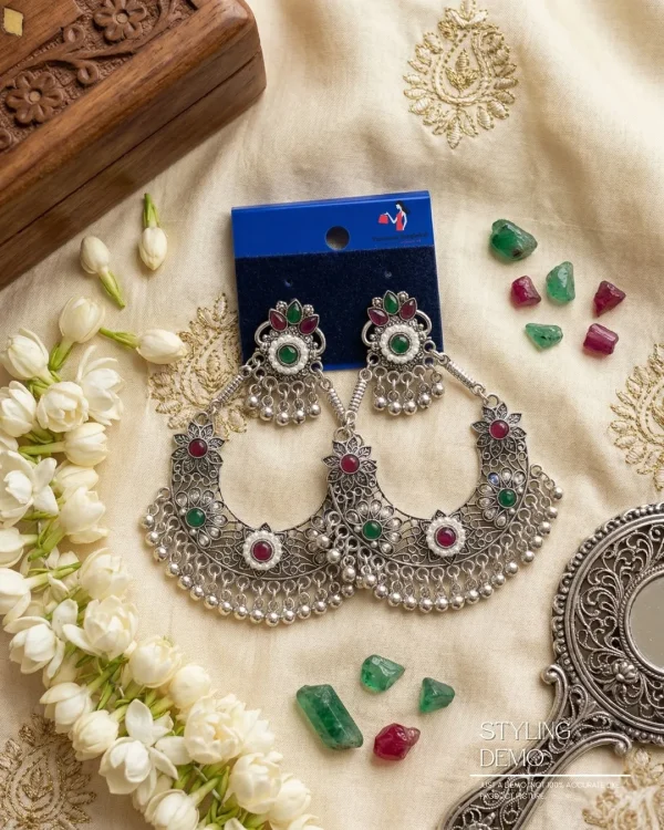 Traditional oxidized-style jhumka earrings with red, yellow and blue stones, perfect for saree, salwar and festive party looks from Passionate Bangladesh. Shop now at www.passionatebangladesh.com