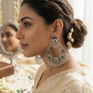 Traditional oxidized-style jhumka earrings with red, yellow and blue stones, perfect for saree, salwar and festive party looks from Passionate Bangladesh. Shop now at www.passionatebangladesh.com