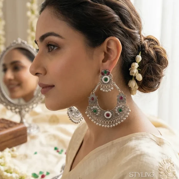 Traditional oxidized-style jhumka earrings with red, yellow and blue stones, perfect for saree, salwar and festive party looks from Passionate Bangladesh. Shop now at www.passionatebangladesh.com