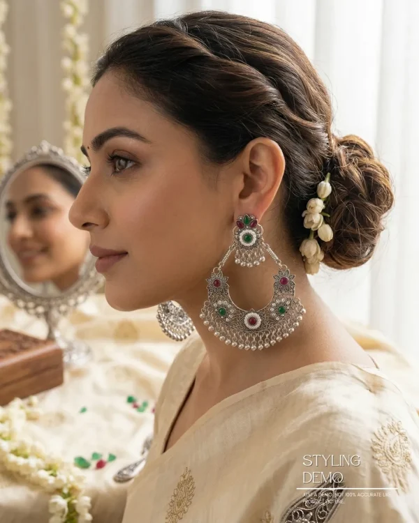 Traditional oxidized-style jhumka earrings with red, yellow and blue stones, perfect for saree, salwar and festive party looks from Passionate Bangladesh. Shop now at www.passionatebangladesh.com