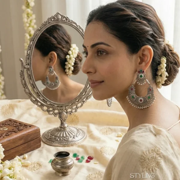 Traditional oxidized-style jhumka earrings with red, yellow and blue stones, perfect for saree, salwar and festive party looks from Passionate Bangladesh. Shop now at www.passionatebangladesh.com