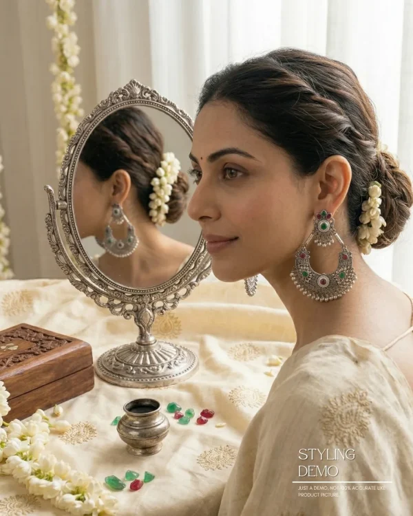 Traditional oxidized-style jhumka earrings with red, yellow and blue stones, perfect for saree, salwar and festive party looks from Passionate Bangladesh. Shop now at www.passionatebangladesh.com