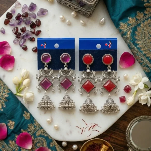 Traditional oxidized-style jhumka earrings with red, yellow and blue stones, perfect for saree, salwar and festive party looks from Passionate Bangladesh. Shop now at www.passionatebangladesh.com