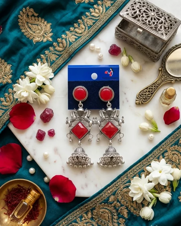 Traditional oxidized-style jhumka earrings with red, yellow and blue stones, perfect for saree, salwar and festive party looks from Passionate Bangladesh. Shop now at www.passionatebangladesh.com