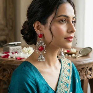 Traditional oxidized-style jhumka earrings with red, yellow and blue stones, perfect for saree, salwar and festive party looks from Passionate Bangladesh. Shop now at www.passionatebangladesh.com