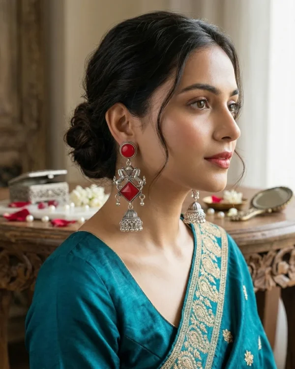 Traditional oxidized-style jhumka earrings with red, yellow and blue stones, perfect for saree, salwar and festive party looks from Passionate Bangladesh. Shop now at www.passionatebangladesh.com