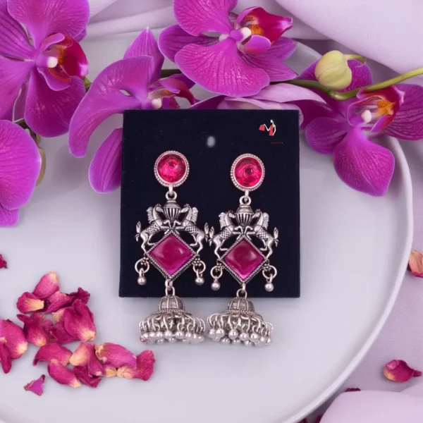 Traditional oxidized-style jhumka earrings with red, yellow and blue stones, perfect for saree, salwar and festive party looks from Passionate Bangladesh. Shop now at www.passionatebangladesh.com