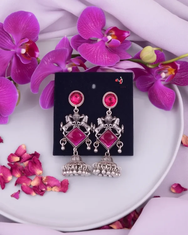 Traditional oxidized-style jhumka earrings with red, yellow and blue stones, perfect for saree, salwar and festive party looks from Passionate Bangladesh. Shop now at www.passionatebangladesh.com