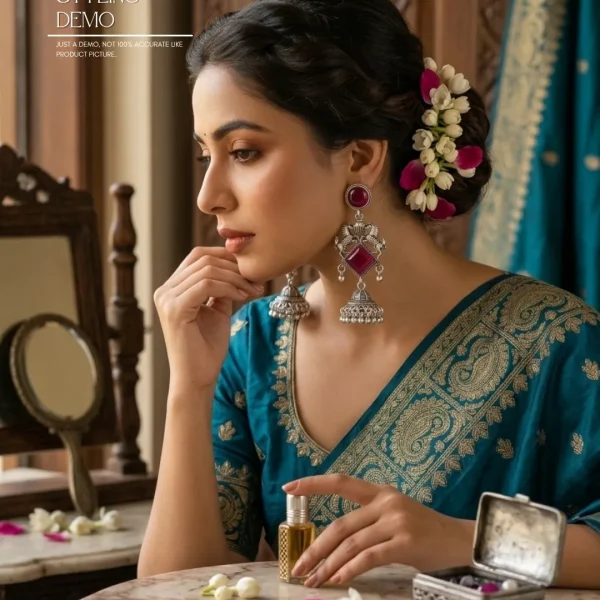 Traditional oxidized-style jhumka earrings with red, yellow and blue stones, perfect for saree, salwar and festive party looks from Passionate Bangladesh. Shop now at www.passionatebangladesh.com