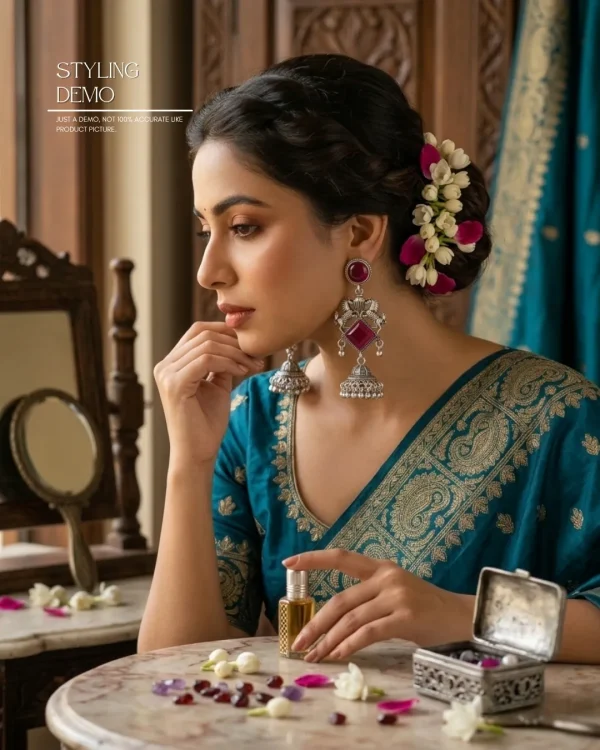 Traditional oxidized-style jhumka earrings with red, yellow and blue stones, perfect for saree, salwar and festive party looks from Passionate Bangladesh. Shop now at www.passionatebangladesh.com