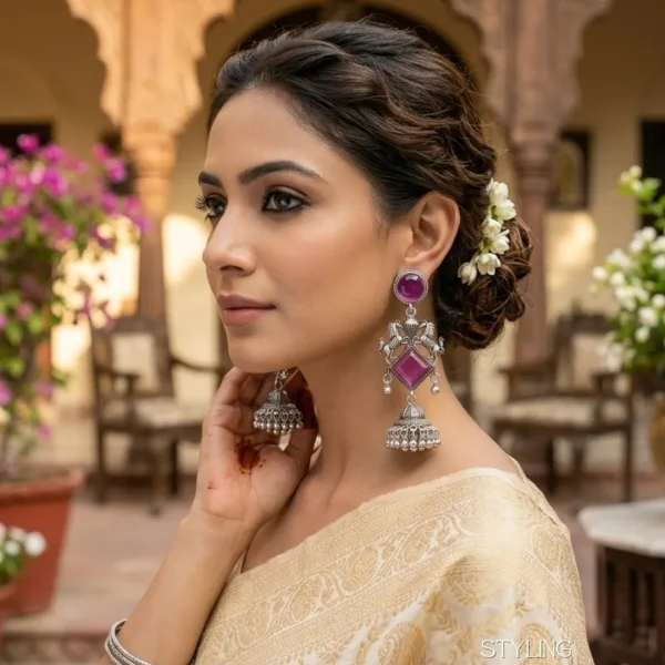 Traditional oxidized-style jhumka earrings with red, yellow and blue stones, perfect for saree, salwar and festive party looks from Passionate Bangladesh. Shop now at www.passionatebangladesh.com