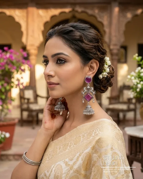 Traditional oxidized-style jhumka earrings with red, yellow and blue stones, perfect for saree, salwar and festive party looks from Passionate Bangladesh. Shop now at www.passionatebangladesh.com