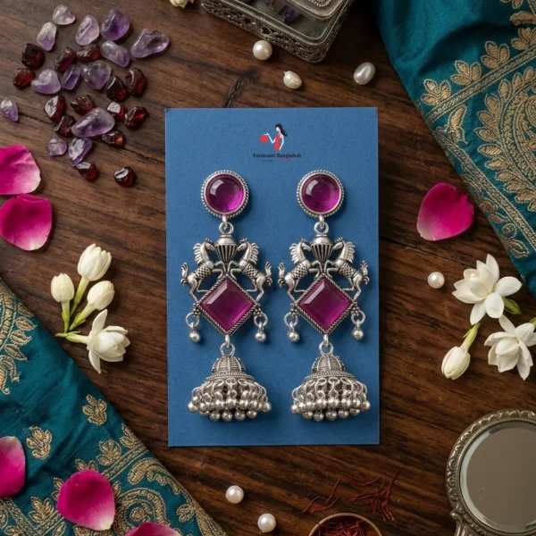 Traditional oxidized-style jhumka earrings with red, yellow and blue stones, perfect for saree, salwar and festive party looks from Passionate Bangladesh. Shop now at www.passionatebangladesh.com