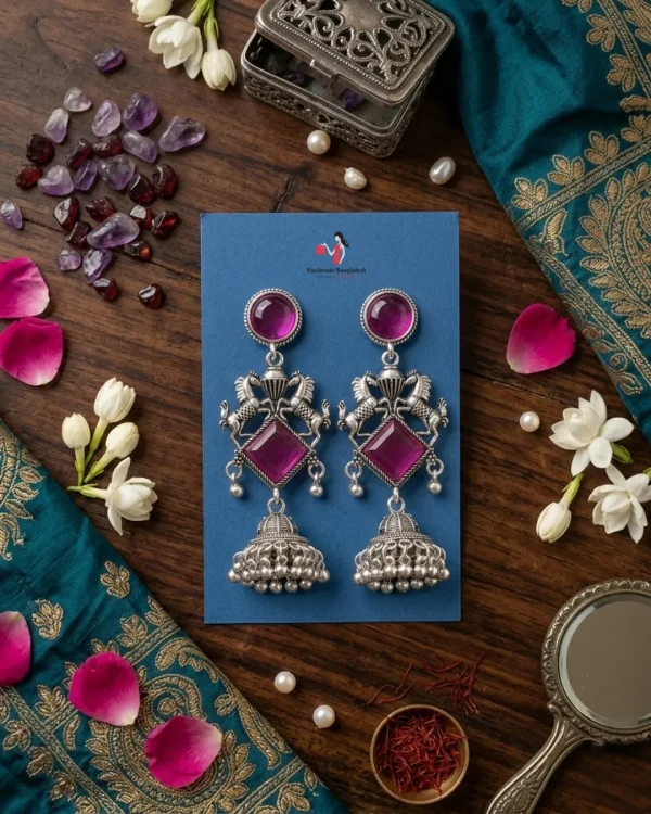 Traditional oxidized-style jhumka earrings with red, yellow and blue stones, perfect for saree, salwar and festive party looks from Passionate Bangladesh. Shop now at www.passionatebangladesh.com