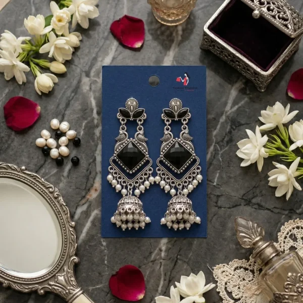 Traditional oxidized-style jhumka earrings with red, yellow and blue stones, perfect for saree, salwar and festive party looks from Passionate Bangladesh. Shop now at www.passionatebangladesh.com