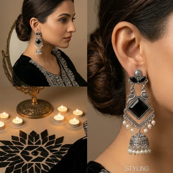 Traditional oxidized-style jhumka earrings with red, yellow and blue stones, perfect for saree, salwar and festive party looks from Passionate Bangladesh. Shop now at www.passionatebangladesh.com