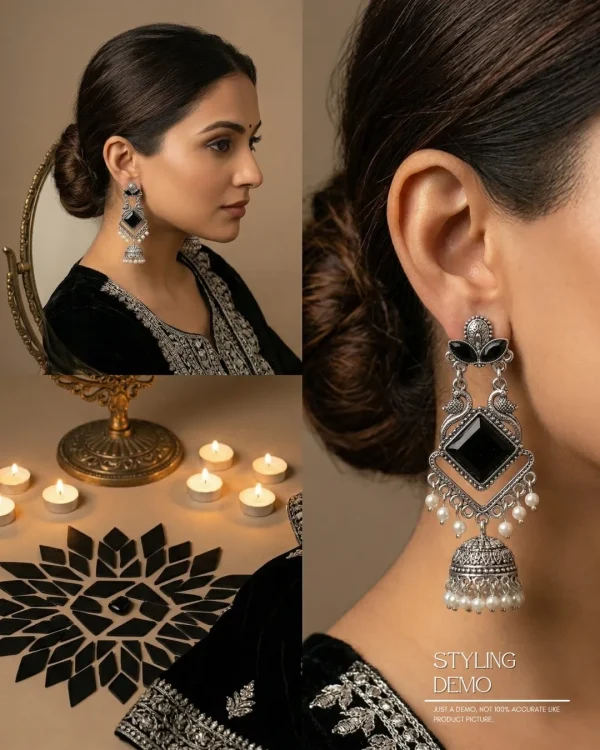 Traditional oxidized-style jhumka earrings with red, yellow and blue stones, perfect for saree, salwar and festive party looks from Passionate Bangladesh. Shop now at www.passionatebangladesh.com
