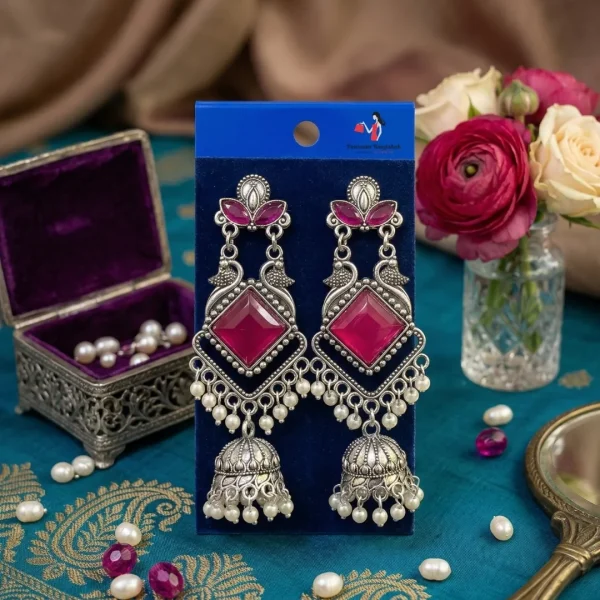 Traditional oxidized-style jhumka earrings with red, yellow and blue stones, perfect for saree, salwar and festive party looks from Passionate Bangladesh. Shop now at www.passionatebangladesh.com