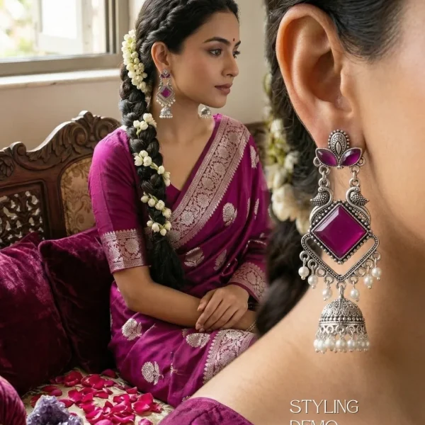 Traditional oxidized-style jhumka earrings with red, yellow and blue stones, perfect for saree, salwar and festive party looks from Passionate Bangladesh. Shop now at www.passionatebangladesh.com