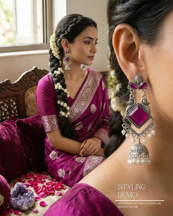 Traditional oxidized-style jhumka earrings with red, yellow and blue stones, perfect for saree, salwar and festive party looks from Passionate Bangladesh. Shop now at www.passionatebangladesh.com