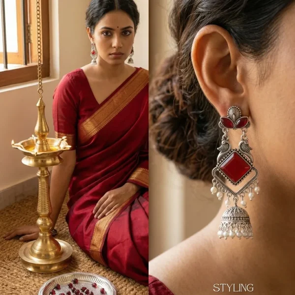 Traditional oxidized-style jhumka earrings with red, yellow and blue stones, perfect for saree, salwar and festive party looks from Passionate Bangladesh. Shop now at www.passionatebangladesh.com