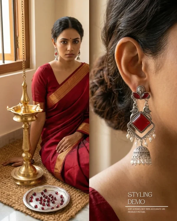 Traditional oxidized-style jhumka earrings with red, yellow and blue stones, perfect for saree, salwar and festive party looks from Passionate Bangladesh. Shop now at www.passionatebangladesh.com