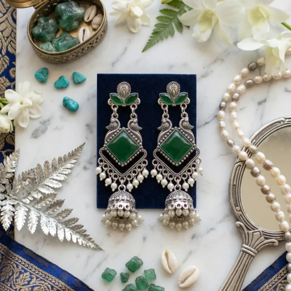 Traditional oxidized-style jhumka earrings with red, yellow and blue stones, perfect for saree, salwar and festive party looks from Passionate Bangladesh. Shop now at www.passionatebangladesh.com