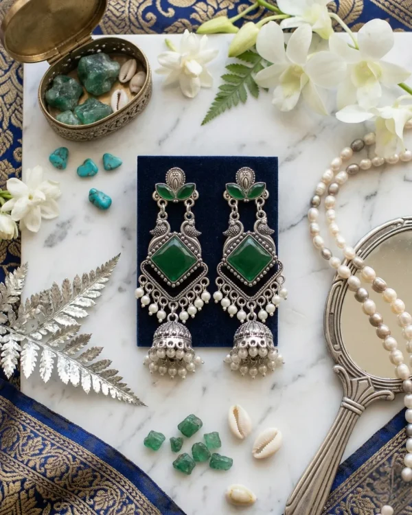 Traditional oxidized-style jhumka earrings with red, yellow and blue stones, perfect for saree, salwar and festive party looks from Passionate Bangladesh. Shop now at www.passionatebangladesh.com