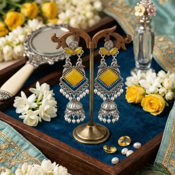 Traditional oxidized-style jhumka earrings with red, yellow and blue stones, perfect for saree, salwar and festive party looks from Passionate Bangladesh. Shop now at www.passionatebangladesh.com