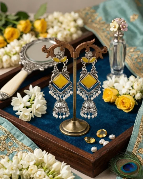 Traditional oxidized-style jhumka earrings with red, yellow and blue stones, perfect for saree, salwar and festive party looks from Passionate Bangladesh. Shop now at www.passionatebangladesh.com