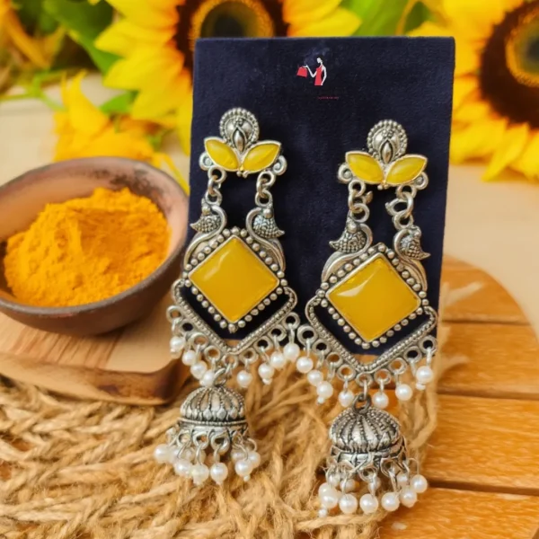 Traditional oxidized-style jhumka earrings with red, yellow and blue stones, perfect for saree, salwar and festive party looks from Passionate Bangladesh. Shop now at www.passionatebangladesh.com