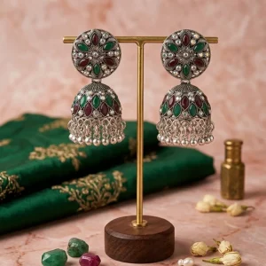 Traditional oxidized-style jhumka earrings with red, yellow and blue stones, perfect for saree, salwar and festive party looks from Passionate Bangladesh. Shop now at www.passionatebangladesh.com