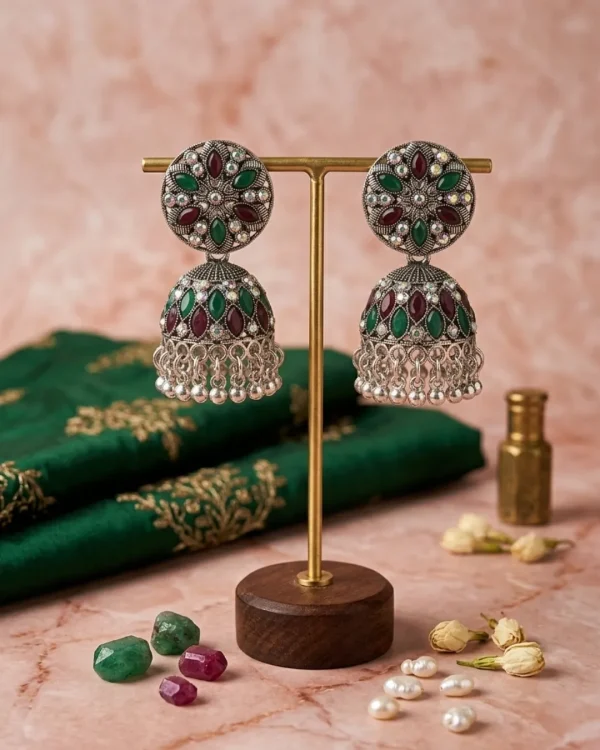 Traditional oxidized-style jhumka earrings with red, yellow and blue stones, perfect for saree, salwar and festive party looks from Passionate Bangladesh. Shop now at www.passionatebangladesh.com