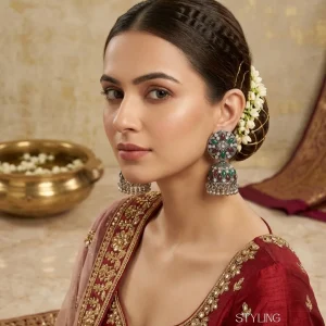 Traditional oxidized-style jhumka earrings with red, yellow and blue stones, perfect for saree, salwar and festive party looks from Passionate Bangladesh. Shop now at www.passionatebangladesh.com