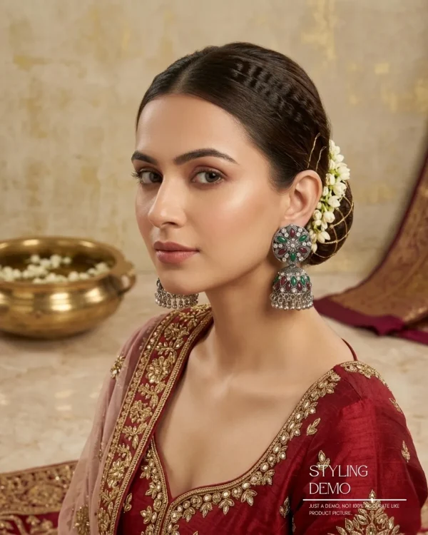 Traditional oxidized-style jhumka earrings with red, yellow and blue stones, perfect for saree, salwar and festive party looks from Passionate Bangladesh. Shop now at www.passionatebangladesh.com