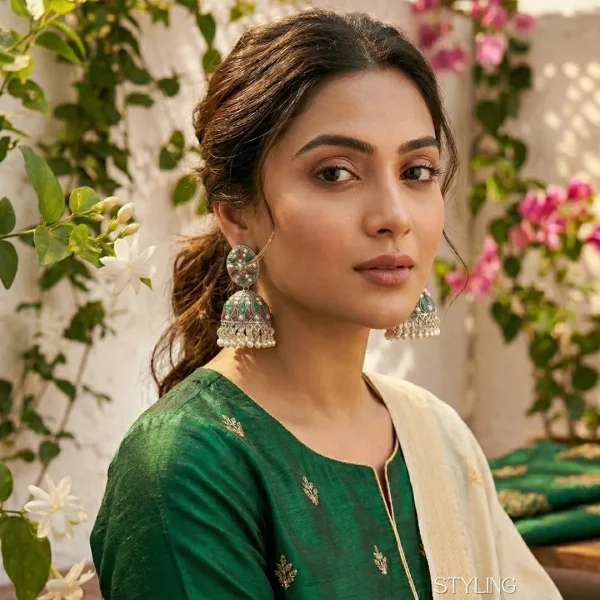 Traditional oxidized-style jhumka earrings with red, yellow and blue stones, perfect for saree, salwar and festive party looks from Passionate Bangladesh. Shop now at www.passionatebangladesh.com