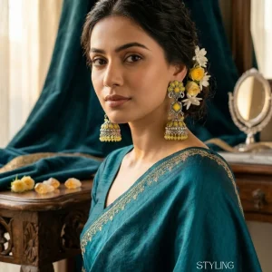 Traditional oxidized-style jhumka earrings with red, yellow and blue stones, perfect for saree, salwar and festive party looks from Passionate Bangladesh. Shop now at www.passionatebangladesh.com