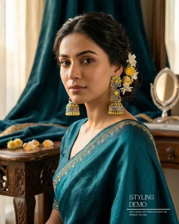 Traditional oxidized-style jhumka earrings with red, yellow and blue stones, perfect for saree, salwar and festive party looks from Passionate Bangladesh. Shop now at www.passionatebangladesh.com