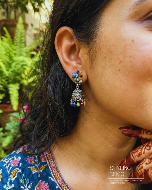 Traditional oxidized-style jhumka earrings with red, yellow and blue stones, perfect for saree, salwar and festive party looks from Passionate Bangladesh. Shop now at www.passionatebangladesh.com