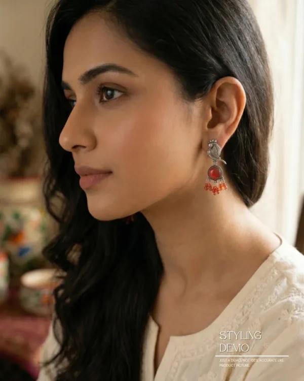 Traditional oxidized-style jhumka earrings with red, yellow and blue stones, perfect for saree, salwar and festive party looks from Passionate Bangladesh. Shop now at www.passionatebangladesh.com