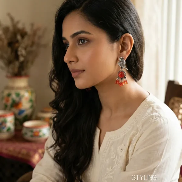 Traditional oxidized-style jhumka earrings with red, yellow and blue stones, perfect for saree, salwar and festive party looks from Passionate Bangladesh. Shop now at www.passionatebangladesh.com