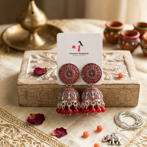 Traditional oxidized-style jhumka earrings with red, yellow and blue stones, perfect for saree, salwar and festive party looks from Passionate Bangladesh. Shop now at www.passionatebangladesh.com