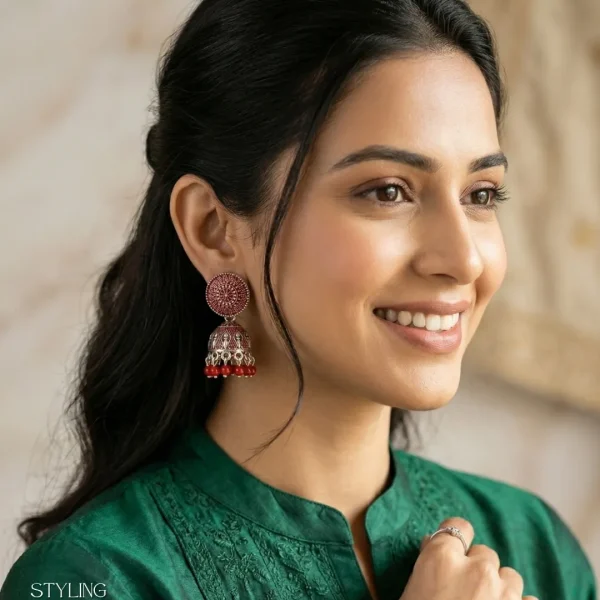 Traditional oxidized-style jhumka earrings with red, yellow and blue stones, perfect for saree, salwar and festive party looks from Passionate Bangladesh. Shop now at www.passionatebangladesh.com